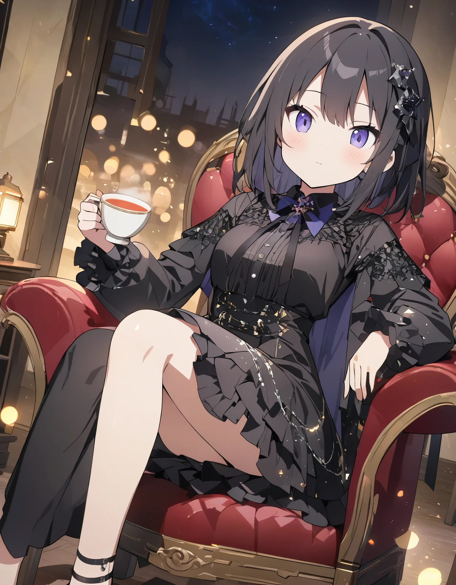 (anime style:1.4),超High resolution, Attention to detail, high quality, High resolution, 最high quality, 4K, 8K、Bokeh, background, glitter, night --ar 16:9 --style raw、f/28mm、Gothic room、Sitting in a chair drinking tea、Lady