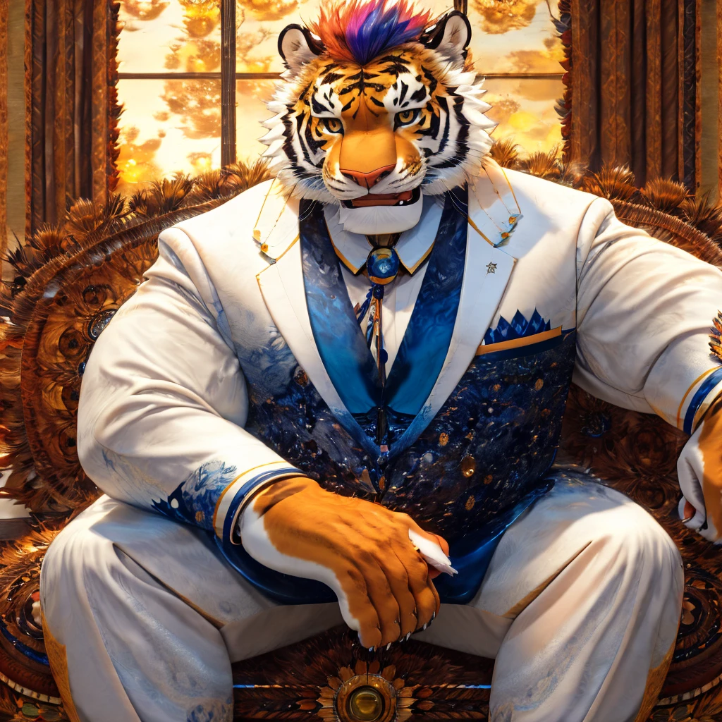 Cartoon,(disney),anime character with tiger, tiger_beast, Firmware version,high resolution committee,((tiger)), gigachad muscular, only,anthropomorphic tiger, muscular character, Kushat Konzi, super detailed!!, beefy, body committee, Full body details are very rich,16k,(Full white suit body:1.4),(The two eyes are not the same color，Pupils of different colors:1.5),HD,(colored hair,Eyebrow:1.3),(Aloof:1.5),(Sitting on the sofa:1.3),(The eyes are haughty:1.5),(dick:1.1),solo,Sitting on the sofa,(Facial detail drawing:1.5),(white tiger tail),(white face pattern),(front view),(Modern luxury decorative background:1.3),(living room:1.3),(Perfect body proportions:1.3),(back wall window;1.3),(Looking at you with a sneer),(Close up:1.2),(Half body:1.5),(Various shades),(Sneer:1.6),(middle aged:1.2),(30 years old),(8k, 4k, best quality, highres:1.1),(masterpiece),(best quality:1.2),[:intricate details:0.2],((beautiful detailed eyes)),(detailed light),depth of field,masterpiece,high quality,best quality,beautiful,perfect lighting,detailed face,detailed body,(illustration),detailed,highly 