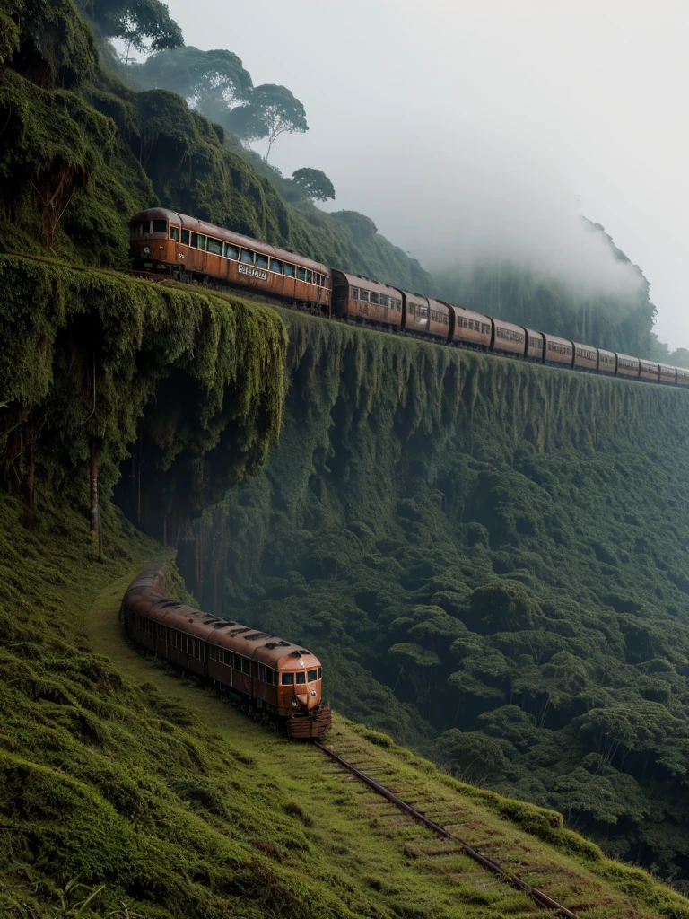 (RAW PHOTO), The rusted long train with the skull of a lion, in the Amazon jungle, on the highest cliff, Moss, fog, details, hyper-realistic, 16k