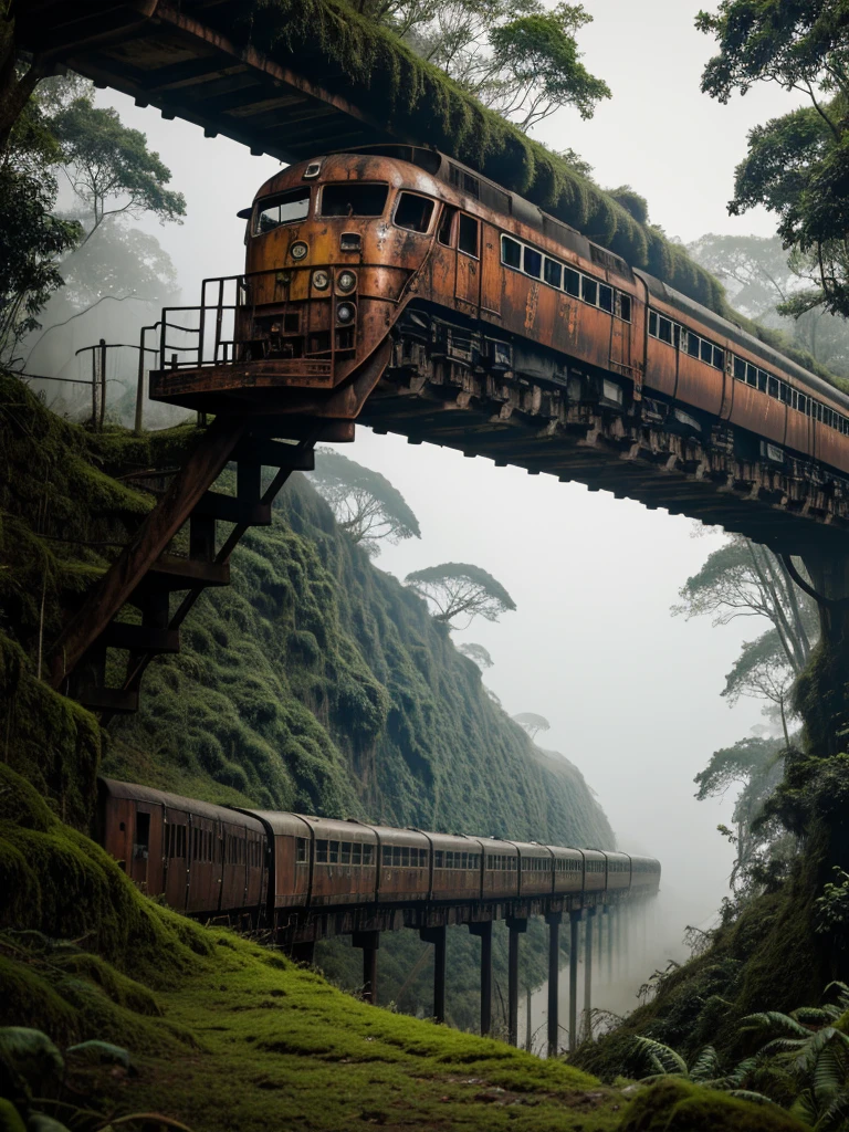 (RAW PHOTO), The rusted long train with the skull of a lion, in the Amazon jungle, on the highest cliff, Moss, fog, details, hyper-realistic, 16k