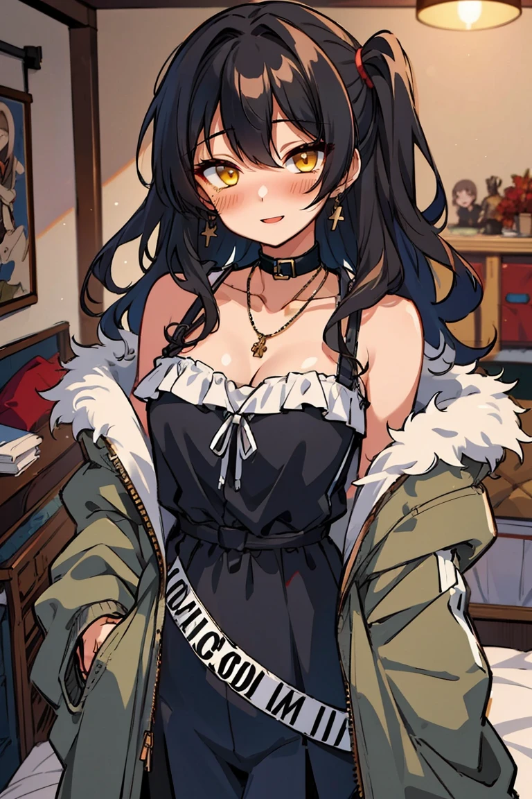 (masterpiece:1.2), (high quality:1.2), hui xiyi, rekkyo sensen, rekkyou sensen, (long wavy hair, one side up:1.45), solo focus, hand up, waving, girls with((black hair, bare shoulders, ,choker, cleavagollar,collarbone,cowboy shot, dress, frills, fur, fur collar, fur trim, hood down, hooded jacket, hoodie, jacket, large breasts, long hng sleeves, belt, suspenders, medium breasts, medium hair, e, open clothes, open hoodie, sleeveless, solo, winter clothes, zipper, upper body)), background with ((bedroom, room:2.0))