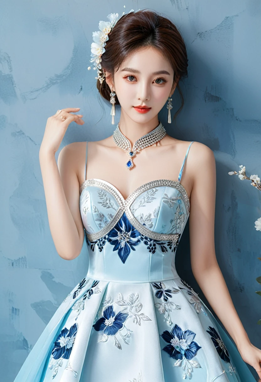 Realistic photo style, whole body 사진에 아름다운 아시아 소녀가 등장합니다., Wearing a unique ethnic style evening gown with delicate skin., bright and lively eyes, Thick eyelashes that look especially attractive. Long dresses are slim and elegant., Eye-catching silver jewelry and alcohol. The high-collar design adds an elegant atmosphere., Color of blue and white porcelain. using light and shadow, The vivid and harmonious appearance of the protagonist is highlighted... whole body, (masterpiece, best quality, professional, perfect composition, very aesthetic, absurd, very detailed, intricate details:1.3)