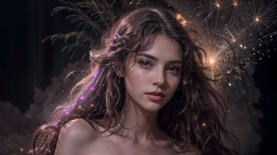 "Beautiful ethereal young woman with flowing hair, standing amidst a swirling cosmic nebula, magical sparks and stardust surrounding her, dreamy and enchanting atmosphere, high detail, photorealistic quality"