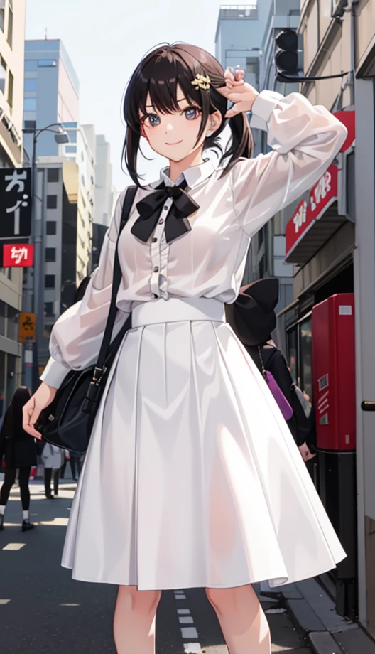 1girl in、A smile、The shirt、Blouse、（paler）skirt by the、（small tits）Chilarism、movement、