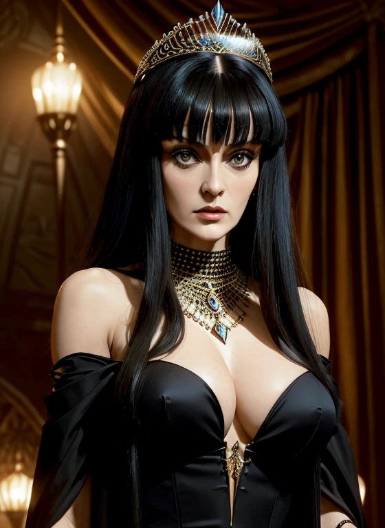 1girl, (((Sarah Douglas))) ((magic)), (((Queen Taramis Conan the Destroyer))) sexy witch, Sexy Queen, ((Slit magic dress)), big breasts, (long straight black hair), brown eyes, small crown spiky, (Conan the Destroyer 1984 Movie) long straight hair, comb_back, teasing_eyes, big_breasts, mysterious_expression, glamorous_dress, flowing_dress, elegant_jewelry, intricate_jewelry, magic_symbol, glowing_accessory.