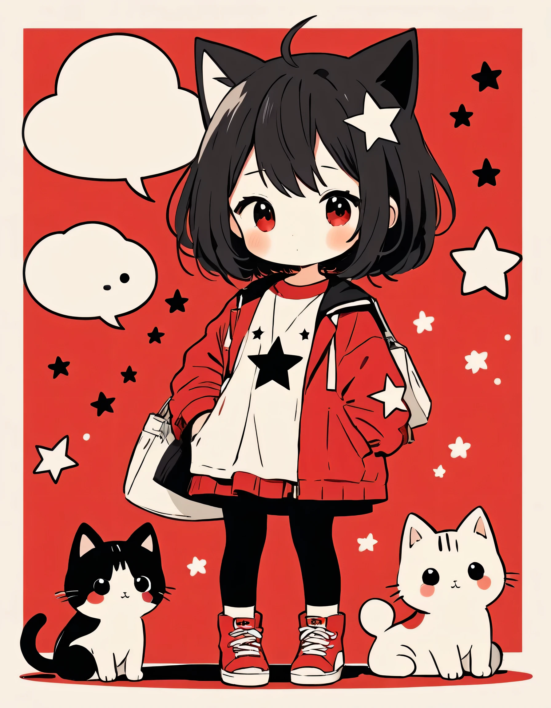 Black Star Red and White style, Simple Line Initialism,Abstract art,Kawaii Design, The most beautiful girl of all time、chibi, cute kittens