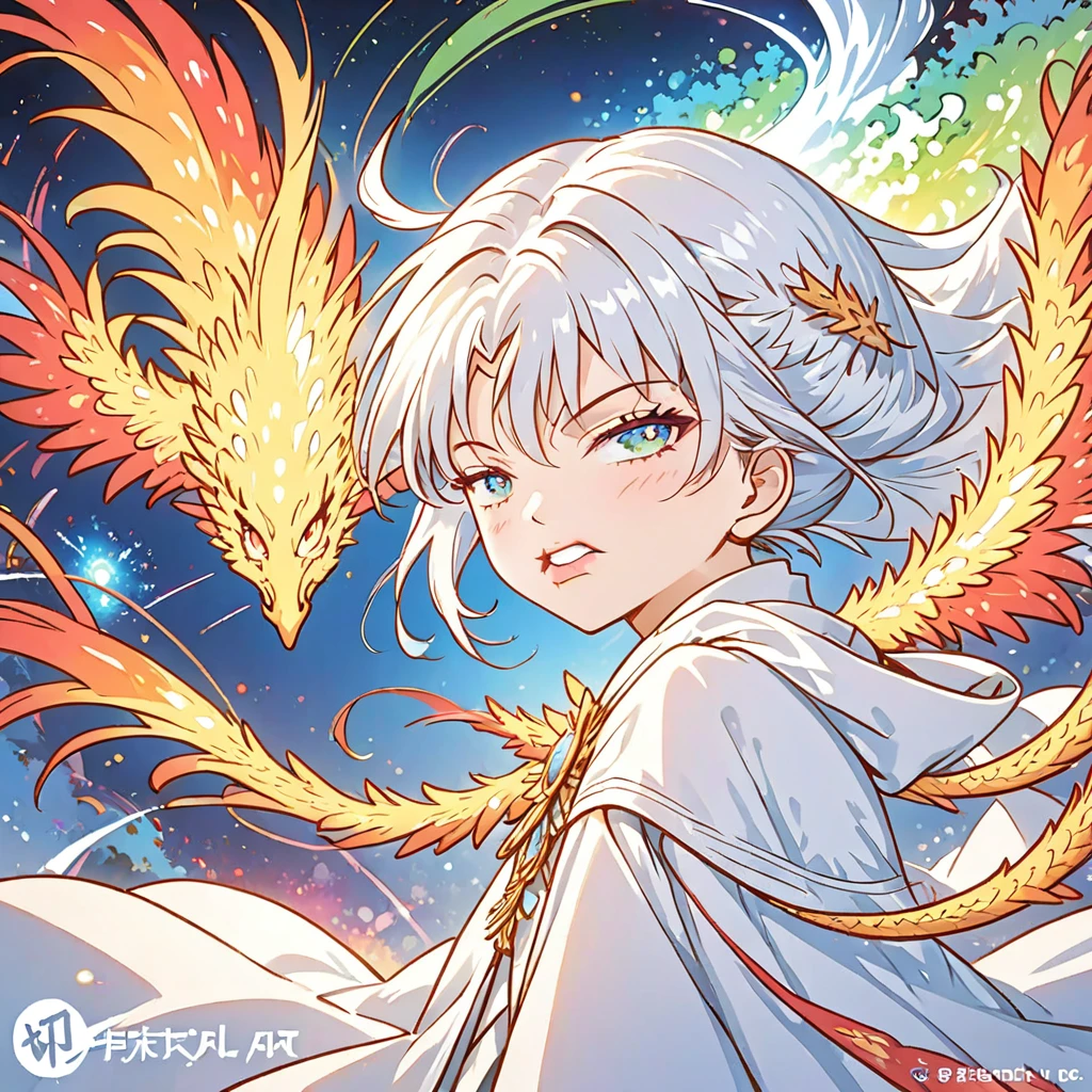 (masterpiece, Top quality, best quality, Official Art, beautiful and aesthetic:1.2), (1 Girl), Extremely detailed eyes, (Fractal Art:1.3), rich and colorful, The most detailed, (Perfect face), Glowing skin, Human Development Report, (white cloak golden lines:1.2), galaxy, (Light stripes), Eye-Catching Visuals, (Dynamic Stripes, Luminous trails:1.2), Vibrant colors, (Phoenix), (dragon)