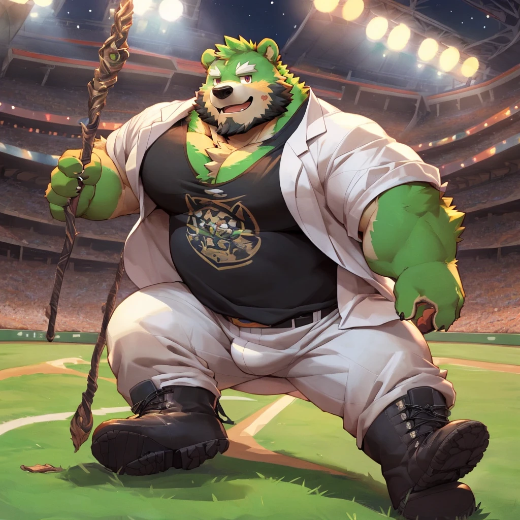 anthro, kemono, male, solo, ((round face, very plump face, thick beard)), (((dark beard))), ((endomorph body type, old-aged, mature)), ((green bear, bear) fluffy fur, fluffy), (high quality, highres, masterpiece), (dynamic lighting, vivid color), (generous smile), (face focus), front view (close up), cartoon, (((green bear))), (((green fur))), green hair, beard, white eyebrows, bald, red eyes, tall, (((hold metal staff, black t-shirt inside, white long coat unhood, gray trousers, boots))) by zixiong, by takemoto arashi, by zixiong, (by null-ghost:0.8), (by t.y.stars:0.4),male, muscular, Baseball cap, only, Baseball uniform, stadium background, nice, Torn, Big Muscle, High-definition quality，Sexy，Crotch bulge，