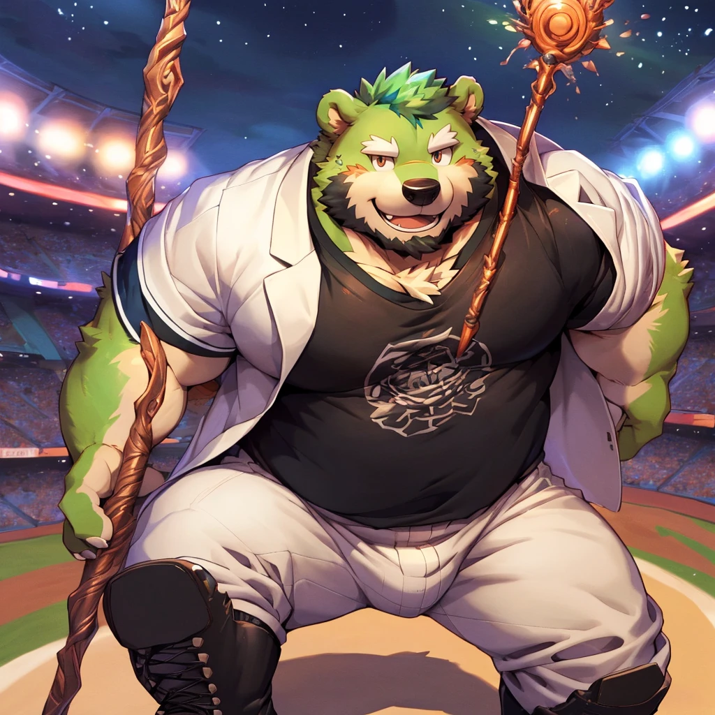 anthro, kemono, male, solo, ((round face, very plump face, thick beard)), (((dark beard))), ((endomorph body type, old-aged, mature)), ((green bear, bear) fluffy fur, fluffy), (high quality, highres, masterpiece), (dynamic lighting, vivid color), (generous smile), (face focus), front view (close up), cartoon, (((green bear))), (((green fur))), green hair, beard, white eyebrows, bald, red eyes, tall, (((hold metal staff, black t-shirt inside, white long coat unhood, gray trousers, boots))) by zixiong, by takemoto arashi, by zixiong, (by null-ghost:0.8), (by t.y.stars:0.4),male, muscular, Baseball cap, only, Baseball uniform, stadium background, nice, Torn, Big Muscle, High-definition quality，Sexy，Crotch bulge，