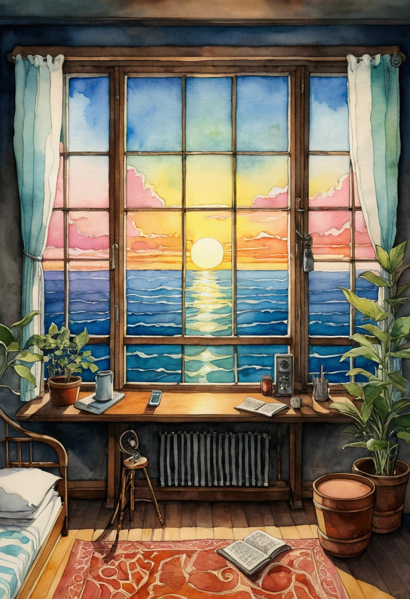 A café where jazz piano plays， dream, please wear headphones, analog color theme, Lo-fi hip hop , retrospective, Plat, 2.5D ,Trace a line, oil painting&#39;ink, Route d&#39;Osaka, painting with&#39;watercolor, Gouache color, Studio Ghibli style, Very colored, outside, Krautlock, Lofiato,old texture, amplitude,psychedelic atmosphere, head of&#39;artwork, Wonder Technology,on the bed，Darken the room，Beautiful sunrise over the sea outside the window