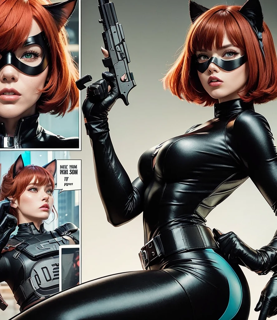 American classic comics: Agent woman, short reddish orange red hair with bangs, cat ears, tight black agent spy outfit, black hero mask, black tight leggings, neon turquoise green nails, martial arts, holding a revolver, secret espionage, black window outfit, feline nails, super secret agent, super hero classic comics.