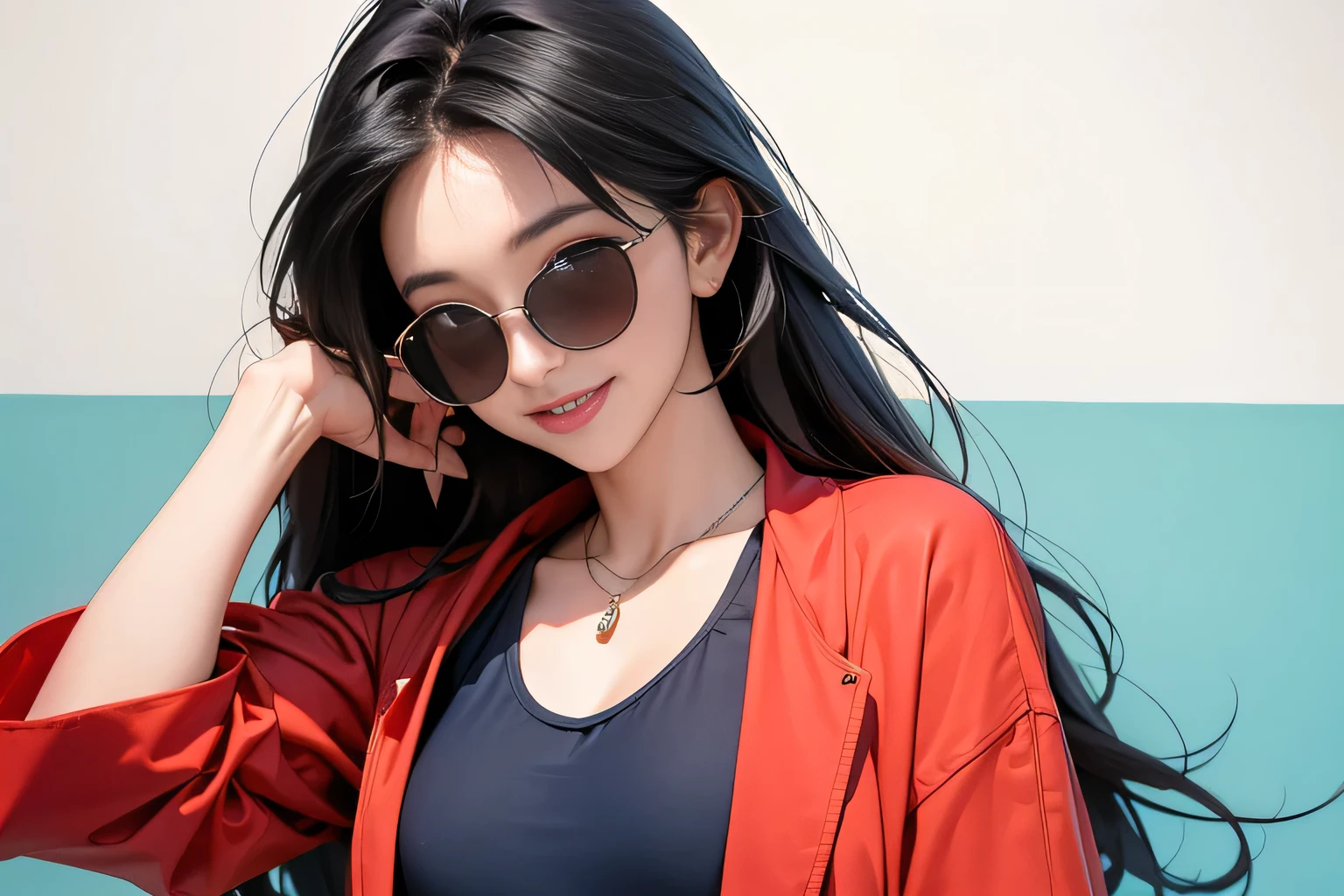 (masterpiece, best quality, 8k wallpaper, high resolution, ultra-realistic) One woman, Japanese girl, 18 years old, long hair, smiling, sunglasses, long red scarf around neck, (masterpiece: 1.2, best quality), (realistic, photorealistic: 1.4), (masterpiece, best quality), staring at you, navy blue school swimsuit, cleavage, D cup, sexy pose, dynamic angle, full body, best proportions, white skin, black hair, looking forward, smiling, 1970s sunglasses, background is bright, smiling