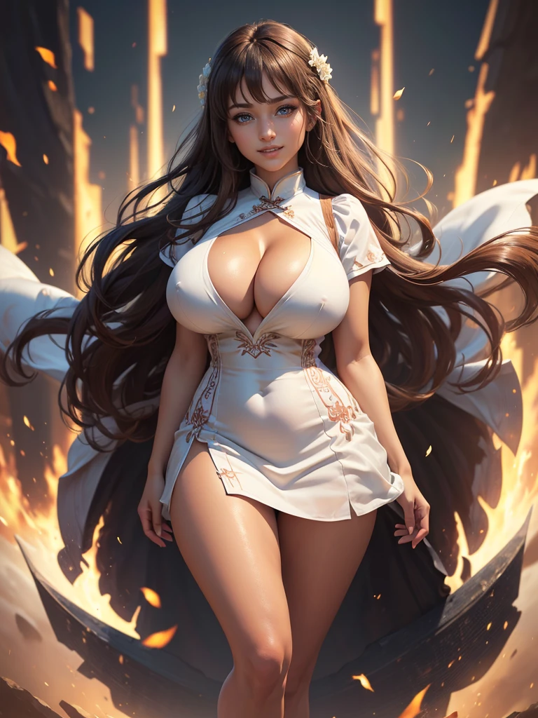 Highly detailed CG unit 8K wallpaper, masterpiece, High resolution, highest quality, highest quality real texture skin, Super Real, Digital Painting, Best image quality, 最High resolution, 8K, (((1 girl))), Very beautiful ager, ((Highly detailed eyes and face)), Beautiful eyes in every detail, Full Body Shot, breast pocket, collared dress, short dress, short sleeves, thighs, white dress, chinese style embroidery, disproportionate breasts, huge breasts, ((sagging breasts ,gigantic breasts, Cleavage, curvy, erect nipple, ,((tanned skin)), smile, grin, Strong winds, typhoon, light brown hair,
