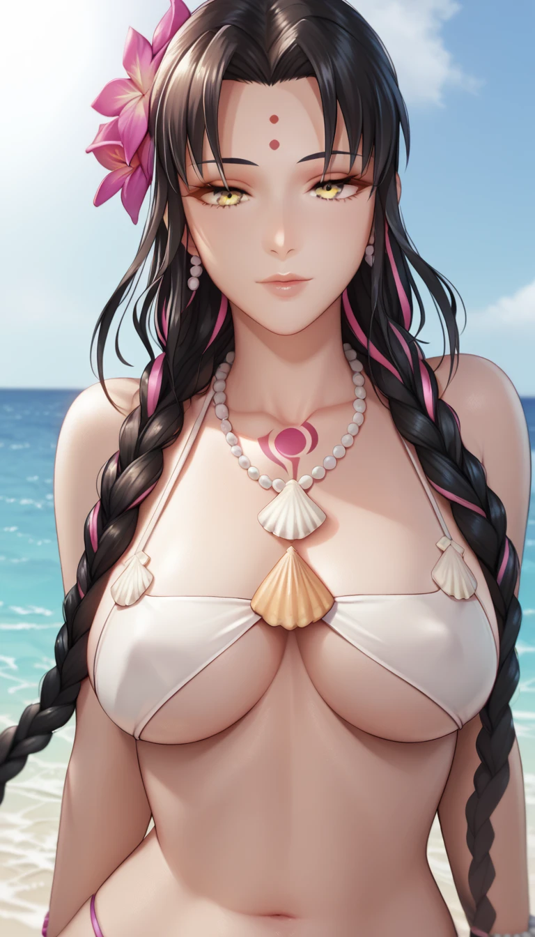 Kiara_Swimsuit, yellow eyes, multicolored hair streaked hair, long hair, twin braids, forehead mark, facial mark, hair flower, white bikini, swimsuit, bracelet, shell necklace, seashell, chest tattoo, bare shoulders