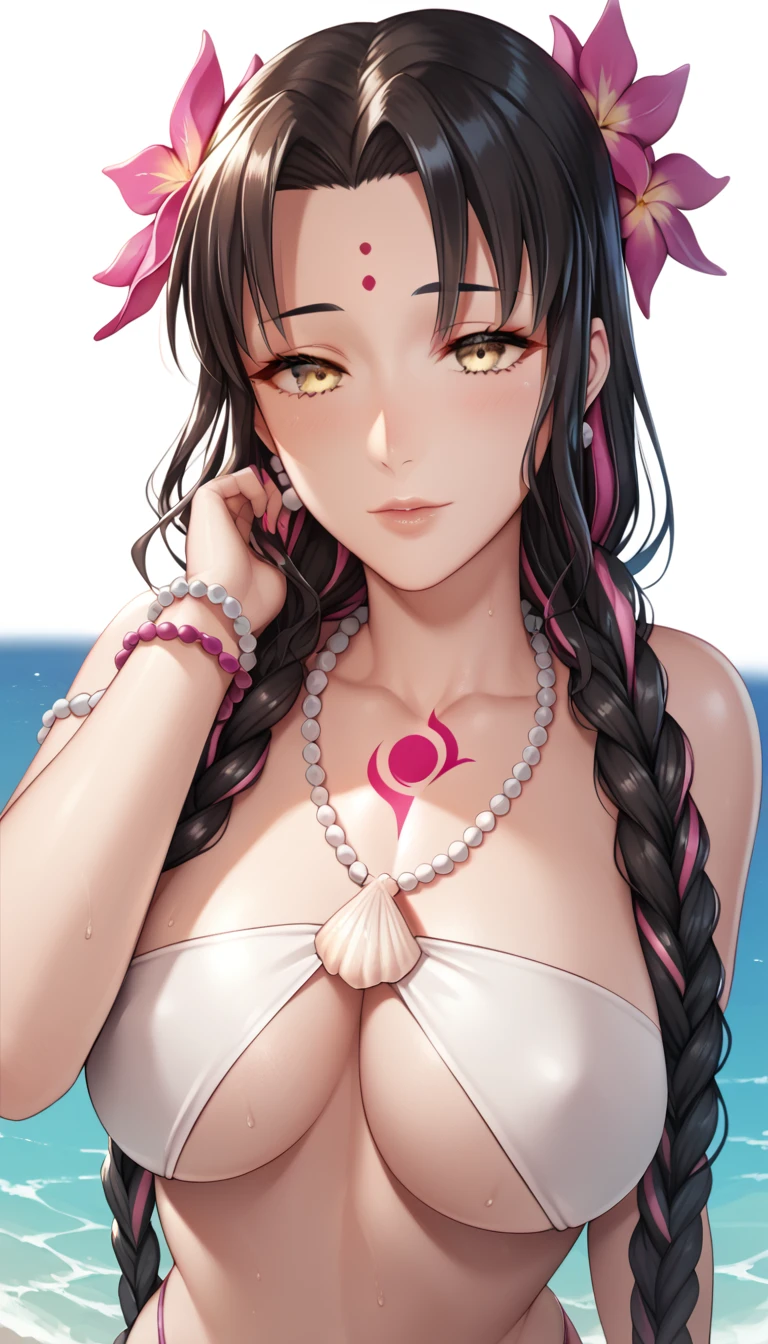 Kiara_Swimsuit, yellow eyes, multicolored hair streaked hair, long hair, twin braids, forehead mark, facial mark, hair flower, white bikini, swimsuit, bracelet, shell necklace, seashell, chest tattoo, bare shoulders
