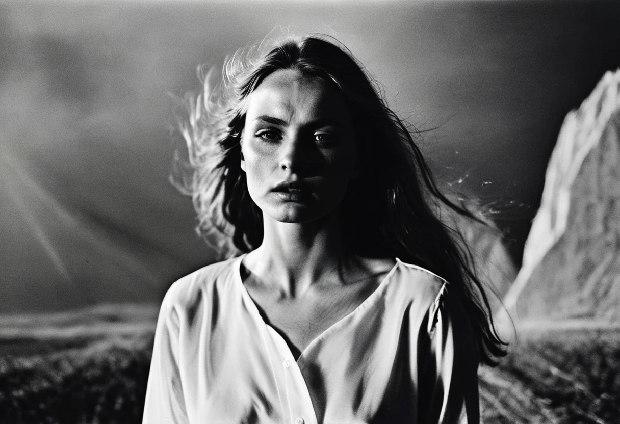 There is a woman, inspired by Anna Fussli, still photo, by Anna Fussli, half portrait, mysterious portrait of a woman, inspired by Ásgrímur Jónsson, by Atila Meszlenyi, by Louisa Matthíasdóttir, Woman in a dark forest. black and white photography, analogue photo