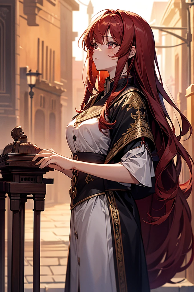 1girl, background light, upper up body, masterpiece, high quality, red hair, shrine light street background, long hair, tall girl