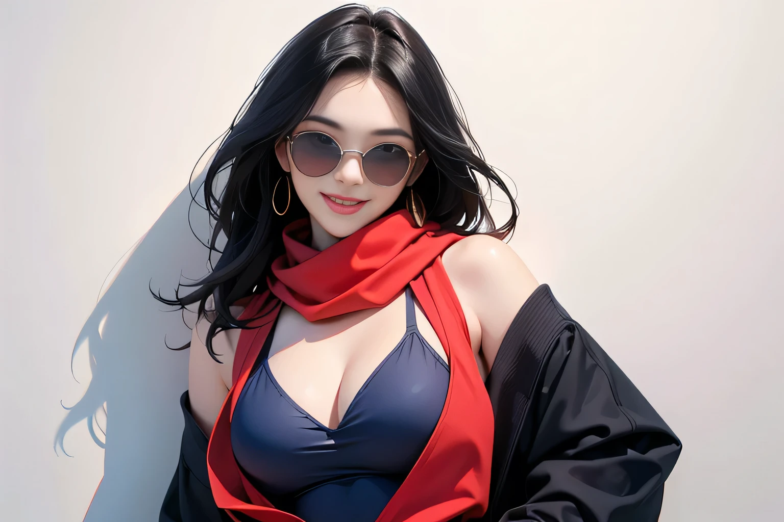 (masterpiece, best quality, 8k wallpaper, high resolution, ultra-realistic) One woman, Japanese girl, 18 years old, long hair, smiling, sunglasses, long red scarf around neck, (masterpiece: 1.2, best quality), (realistic, photorealistic: 1.4), (masterpiece, best quality), staring at you, navy blue school swimsuit, cleavage, D cup, sexy pose, dynamic angle, full body, best proportions, white skin, black hair, looking forward, smiling, 1970s sunglasses, background is bright, smiling