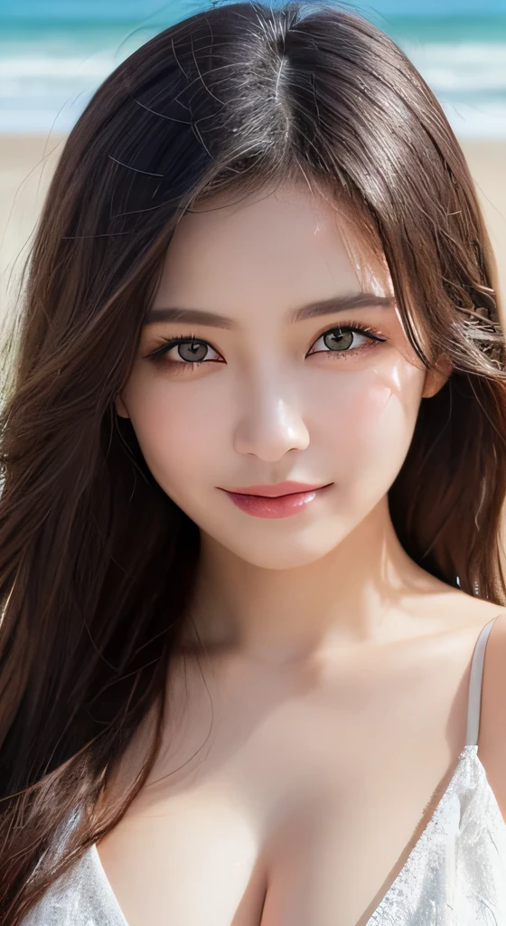 8K,Pieces fly, Highest quality, figure, Very detailed, finely, High resolution, 8k wallpaper, Perfect dynamic composition, Dark and beautiful eyes, Natural color lip,Beach, Random cute poses,smile,Cleavage,Detailed eyes,Portrait