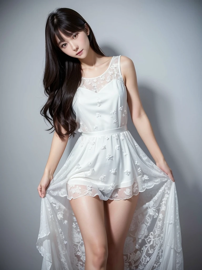 White Room、Black floral lace chiffon dress、(Highest quality)、((Very detailed))、4K、(8K)、masterpiece、Very detailedな、Highest quality、Super Resolution、1 person、Kind Face、Soft Light、RAW quality、Soft Skin、163cm、30 years old、Thighs