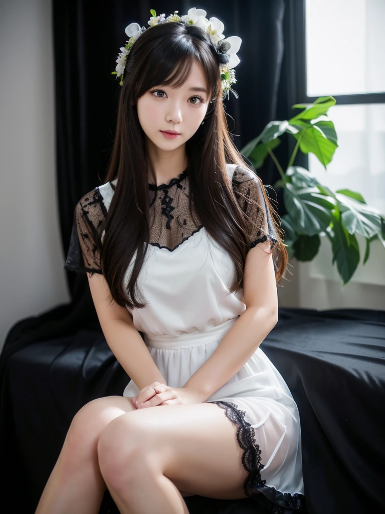 White Room、Black floral lace chiffon dress、(Highest quality)、((Very detailed))、4K、(8K)、masterpiece、Very detailedな、Highest quality、Super Resolution、1 person、Kind Face、Soft Light、RAW quality、Soft Skin、163cm、30 years old、Thighs