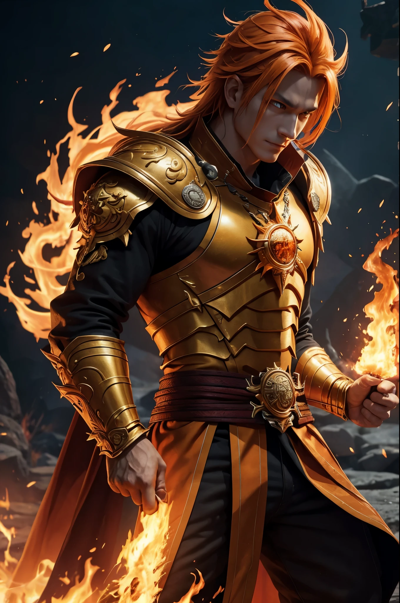 8K,エネルギーを纏った非常に若いFire God Boy,Super handsome(Like the real thing),He looks at the audience with a fearless smile.,Orange Hair,Orange Flame Armor(Fire God Crest),Orange Flame Gauntlet(Fire God Crest),Orange Flame Leg Guards(Fire God Crest),Dark and desolate land,Photorealistic RAW photos of the highest quality。Bright colors,Rich colors, Backlight, Cinema Lighting, Film Grain, 50mm lens, Nikon D850,Realistic Skin,Fantasy art,Character Art,Ultra-high resolution,Realistic Skin,Extremely strong and defined abs,bulging muscles,Fire God Boy,Golden Eyes,