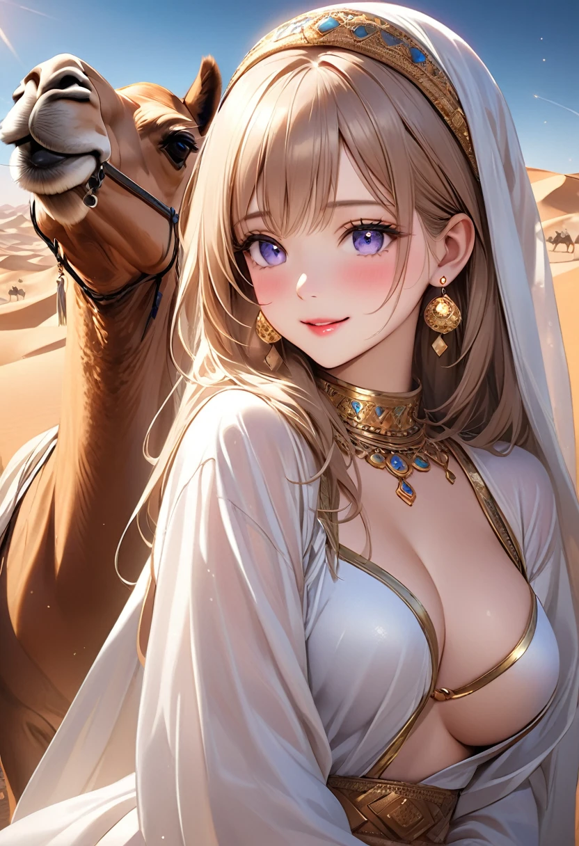 fantasic illustration, masterpiece: 1.2, highest quality, highres, 16k, beautiful detailed, ultra-realistic, photo realistic: 1.37, beautiful cute princess in a camel caravan in the moonlit desert, hug the camel's neck, light smile, through bangs, gold circle earrings and bracelet, growing eyes, shining pupils, blushed cheek, shiny rosy lips, wearing white robe:1.2, delicate beautiful (hair, face, eyes, pupils, long eyelash, desert), middle-breasts, arabian nights world view,