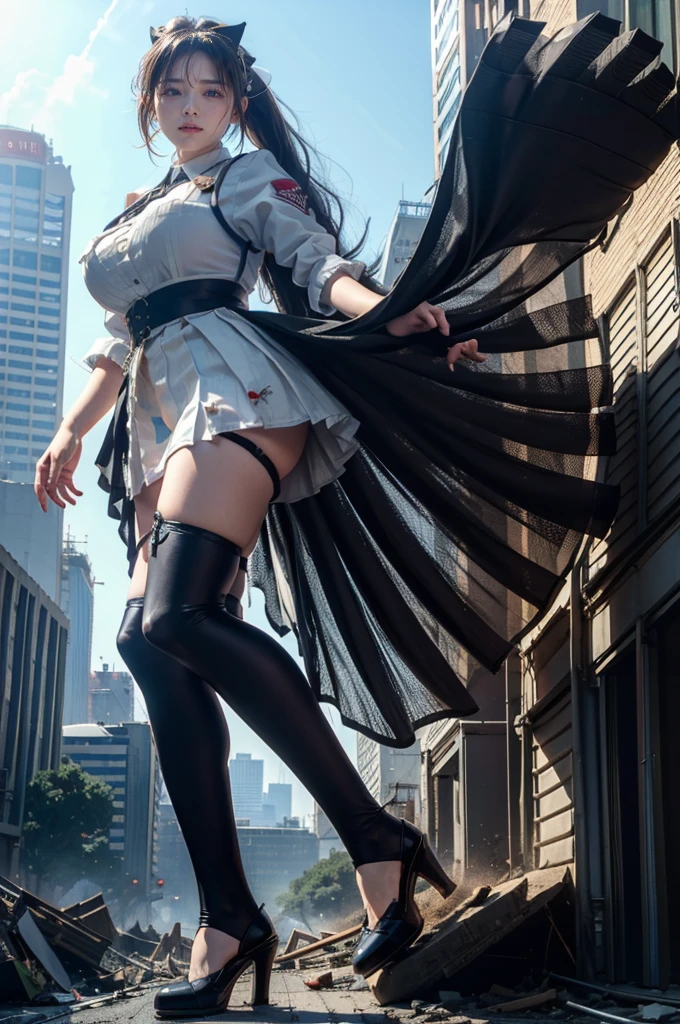 The building collapses、Urban hustle and bustle、Traffic jam、City of Rubble、street tree、((((Azur Lane Cheshire))))、Maid clothes、Super huge breasts、Plump thighs、Ground View，City of Giants,500 foot tall giant girl，skyscraper,Has super long legs,Step into the crowd，There are many people on the street,Knee-high socks，She has waist-length black hair，Wear Mary Jane heels，A happy look，Standing on the ruins，Beautiful appearance，Exquisite makeup，quality，8K，高quality，Perfect Proportions, Cinema Lighting，Film Grain，The Colors of Fuji，8K，Textured skin，Super Detail，High detail，high quality，High resolution，explode，False Smile,Show your pants