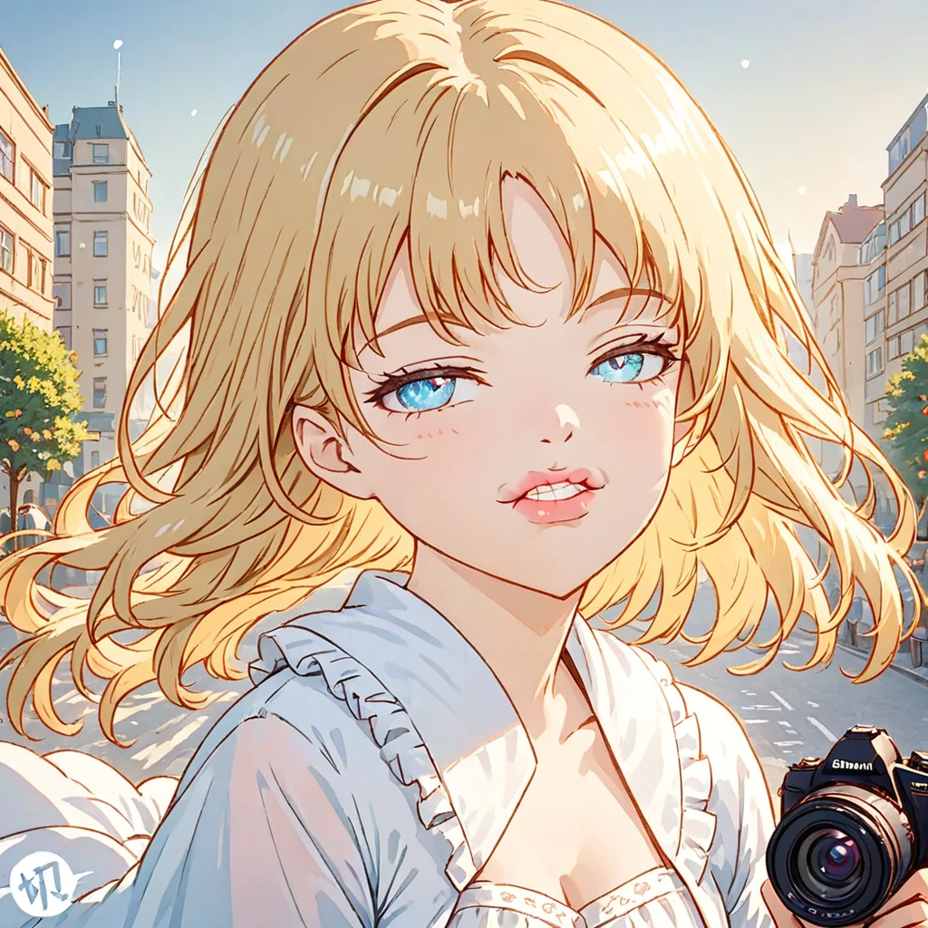best quality, masterpiece, high resolution, 1 Girl, White flared chiffon skirt, Smile, Shut up,Lips, Long blond hair, Detailed beautiful eyes,Detailed eyelashes, Pretty Face,Above_Body, Tyndall effect,Reality, Rim Light, Two-tone lighting,(High Detail Skin:1.2), 8K uhd, Digital SLR Camera, Soft lighting, high quality, Volumetric Lighting, frank, photo, high resolution, 4K, 8K, Bokeh, in the middle of the city, afternoon