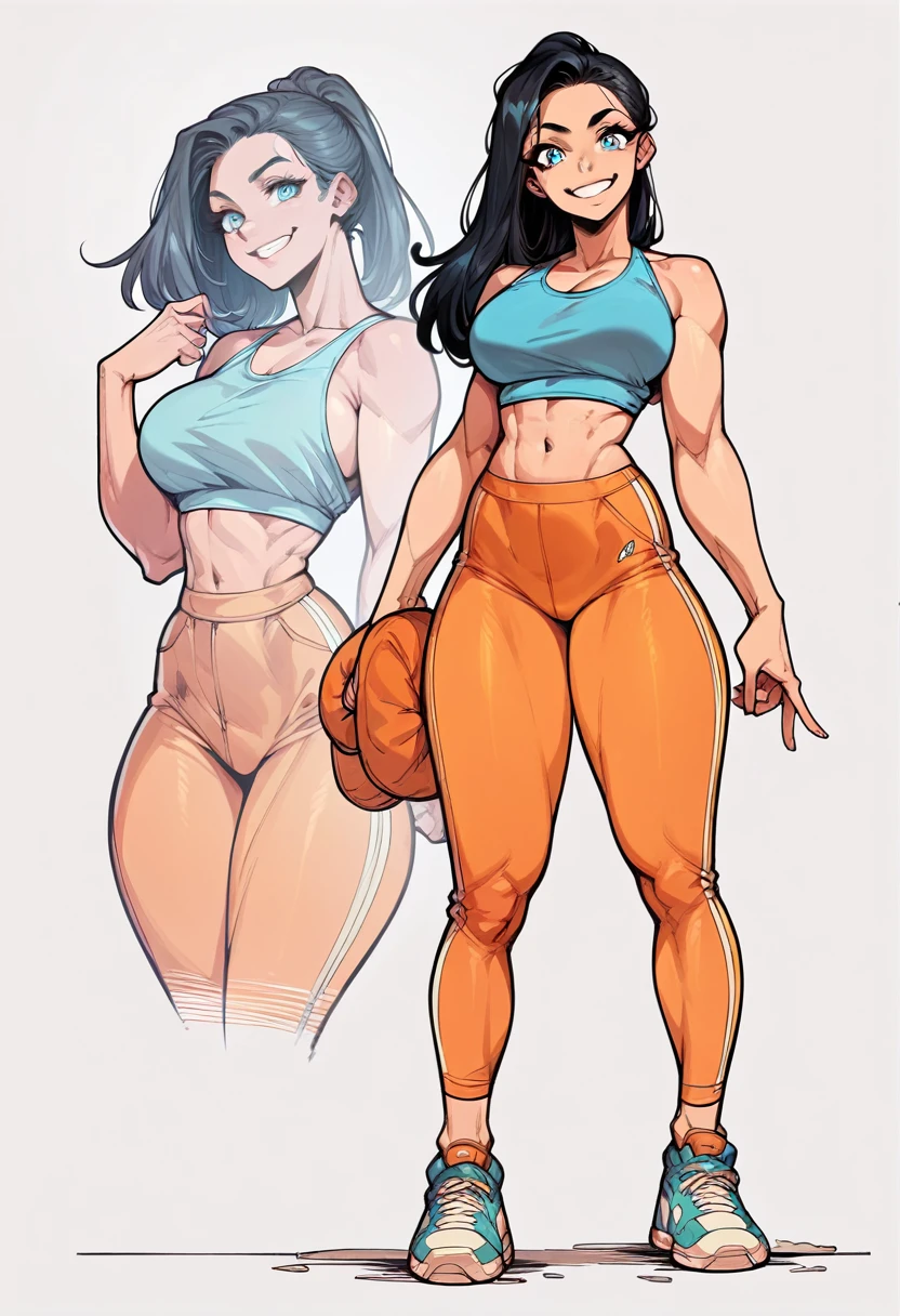 Score_9, Score_8_up, Score_7_up, 1 girl, black hair, blue eyes, curvy figure, smile, blue tank top, orange yoga pants, belly button, big bust, sneakers, standing, simple background, White background,