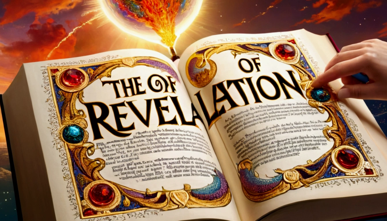 The book of revelation being opened with title "The conclusion and the beginning of the book of Revelation"