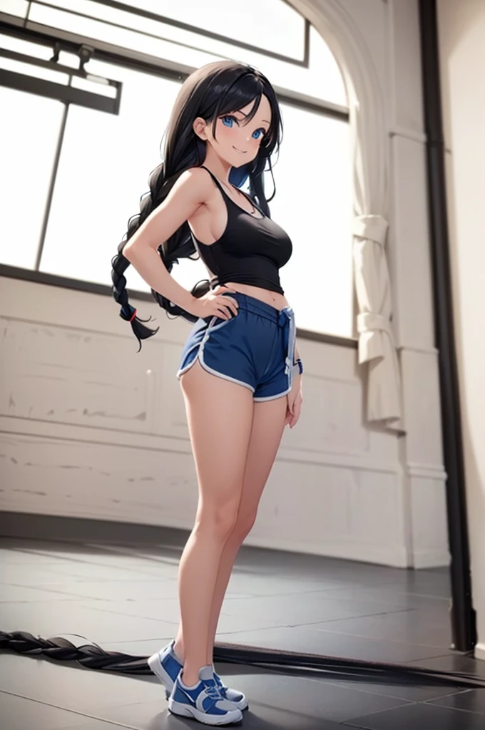 ((masterpiece)), (bestquality), ((ultra-detailed)), depth of field, (dynamic angle), (beautiful detailed blue eyes), 1woman, ((full body portrait)),((voluminous long black hair styled into one single long braid down to her waist)), ((wearing a tank top and dolphin shorts)), perfect Body, ((small bust)), smiling,