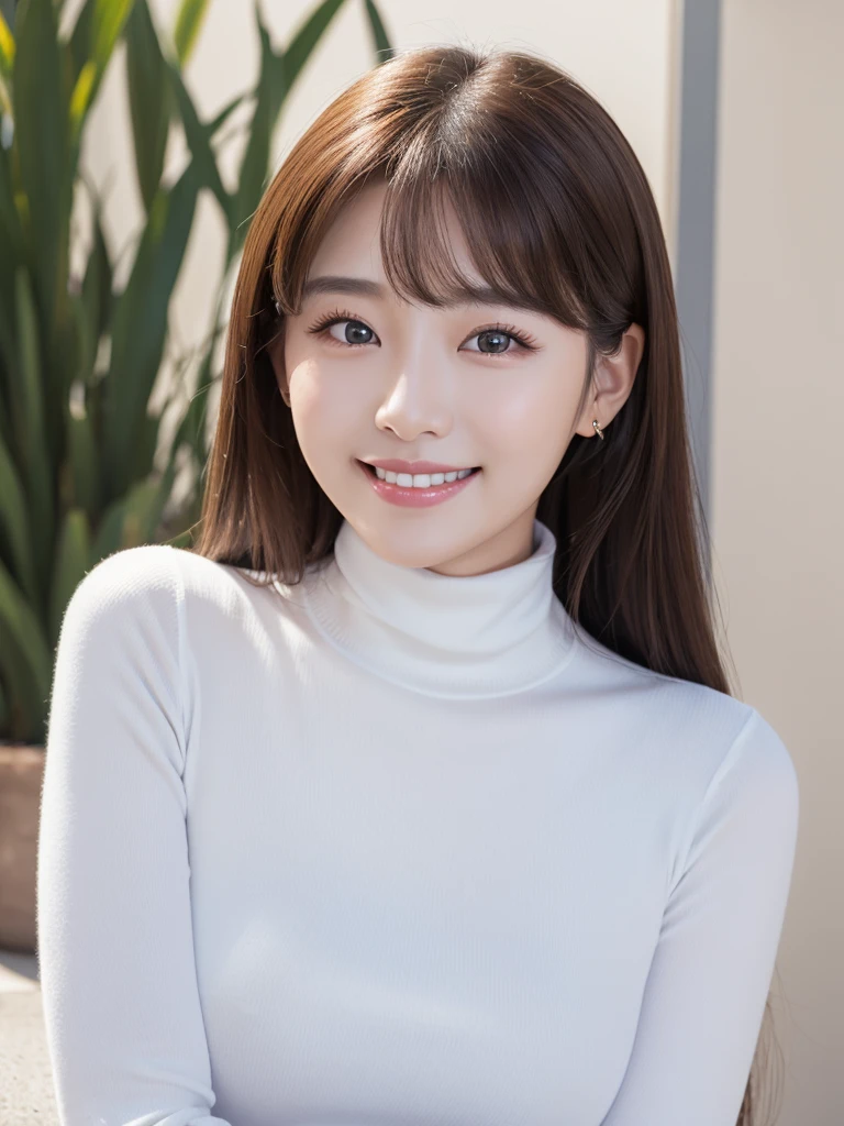 best quality, masterpiece, (photorealistic:1.4), 1girl, smiling eyes, (ulzzang-6500-v1.1:1.0), Beautiful Woman, Actress, White turtleneck,