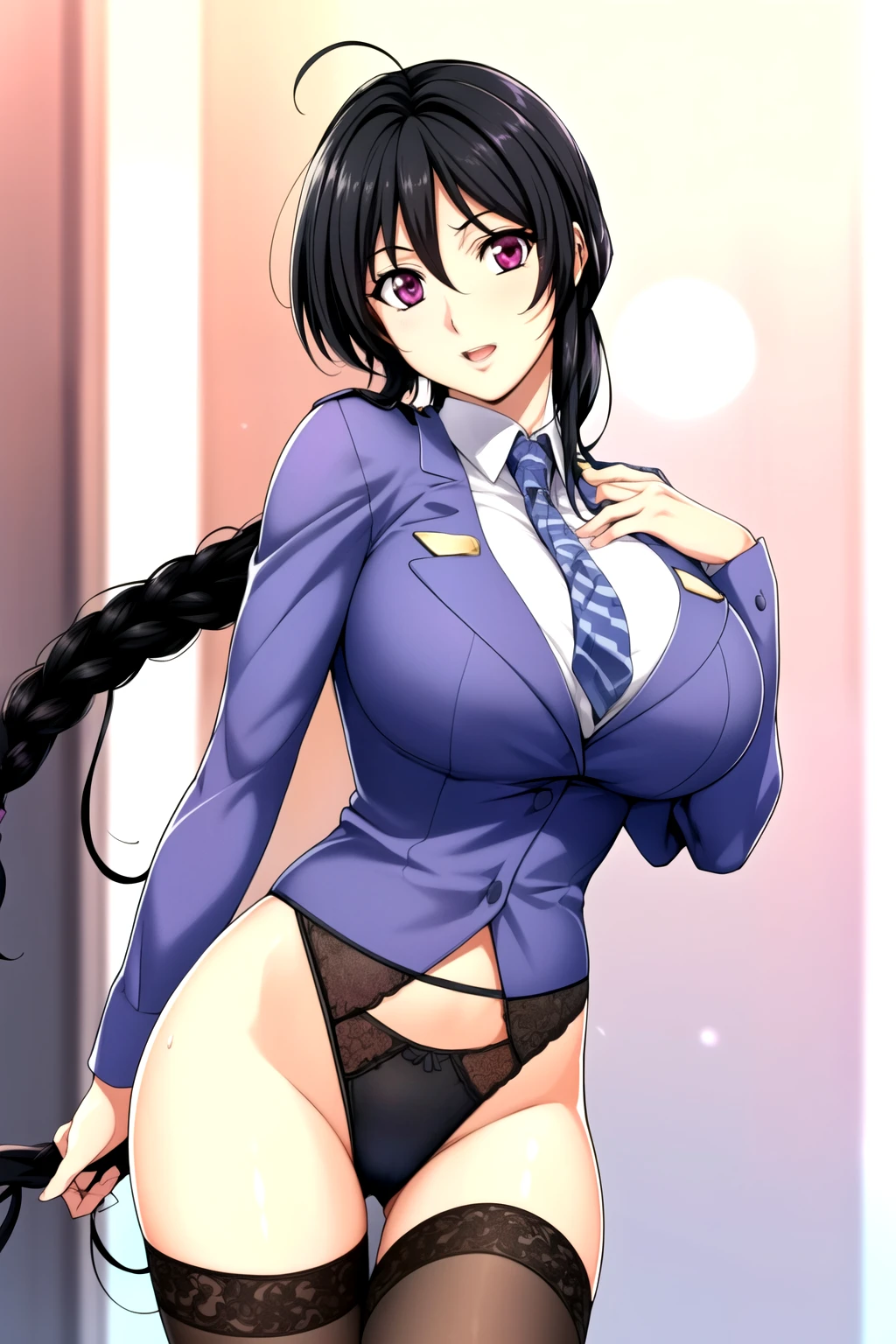 Policewoman, Good, underwear, panty, , Black Hair, bow, Weaving,Long hair,Purple Eyes, Good, underwear, panty,1 girl, 20 years old,Young women,beautiful Finger,beautiful long legs,beautiful Body,beautiful Nose,beautiful character design, Perfect eyes, perfect Face,Expressive eyes, Looking at the audience, In the center of the image,(superior_Body),(Focus on her Face), Official Art,Extremely detailed CG unity 8k wallpaper, Perfect lighting,rich and colorful, bright_front_Face_light,Glowing skin, (masterpiece:1.0),(the best_quality:1.0), 超high resolution,4K,Extremely detailed, photography, 8K, Human Development Report, high resolution, absurd:1.2, Kodak Portra 400, Film Grain, Blurred background, Bokeh:1.2, lens flare, (Energetic_color:1.2) (beautiful_breast:1.3), (beautiful_Face:1.5),(narrow_waist),Good, underwear, panty,Perfect hands, Clean fingers, Perfect fingers,full hand