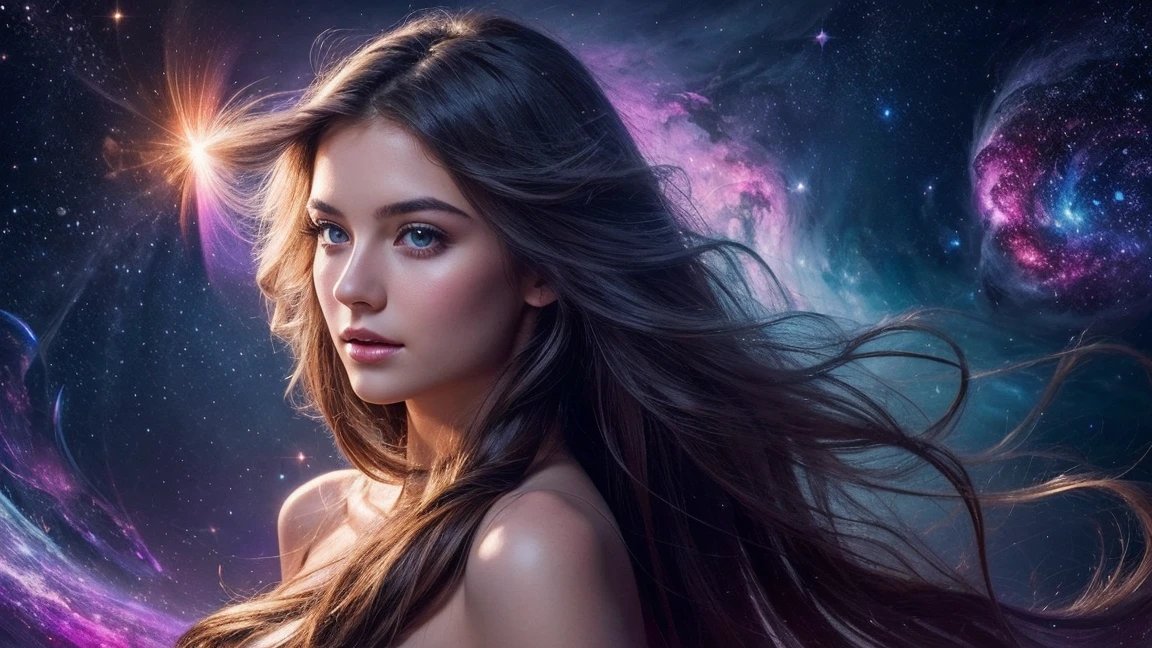 "Beautiful ethereal young woman with flowing hair, standing amidst a swirling cosmic nebula, magical sparks and stardust surrounding her, dreamy and enchanting atmosphere, high detail, photorealistic quality"