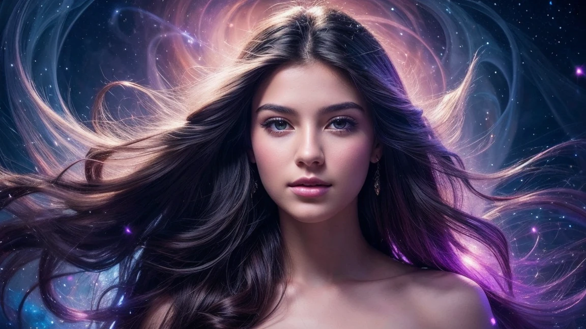 "Beautiful ethereal young woman with flowing hair, standing amidst a swirling cosmic nebula, magical sparks and stardust surrounding her, dreamy and enchanting atmosphere, high detail, photorealistic quality"