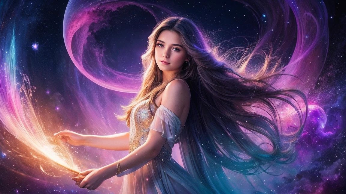 Background: a realm where galaxies collide and celestial clouds swirl. A glow from a thousand cosmic furnaces.
Foreground: a beautiful woman is standing, looking directly at the camera, divine, regal, celestial in appearance. She has long, flowing, dark hair, wide eyes, wearing a long sheer gown cut low in the front and cut up the side to her hip. Add bright, contrasting swirls of yellow, red, purple and green. Add lots of bright, contrasting colors.