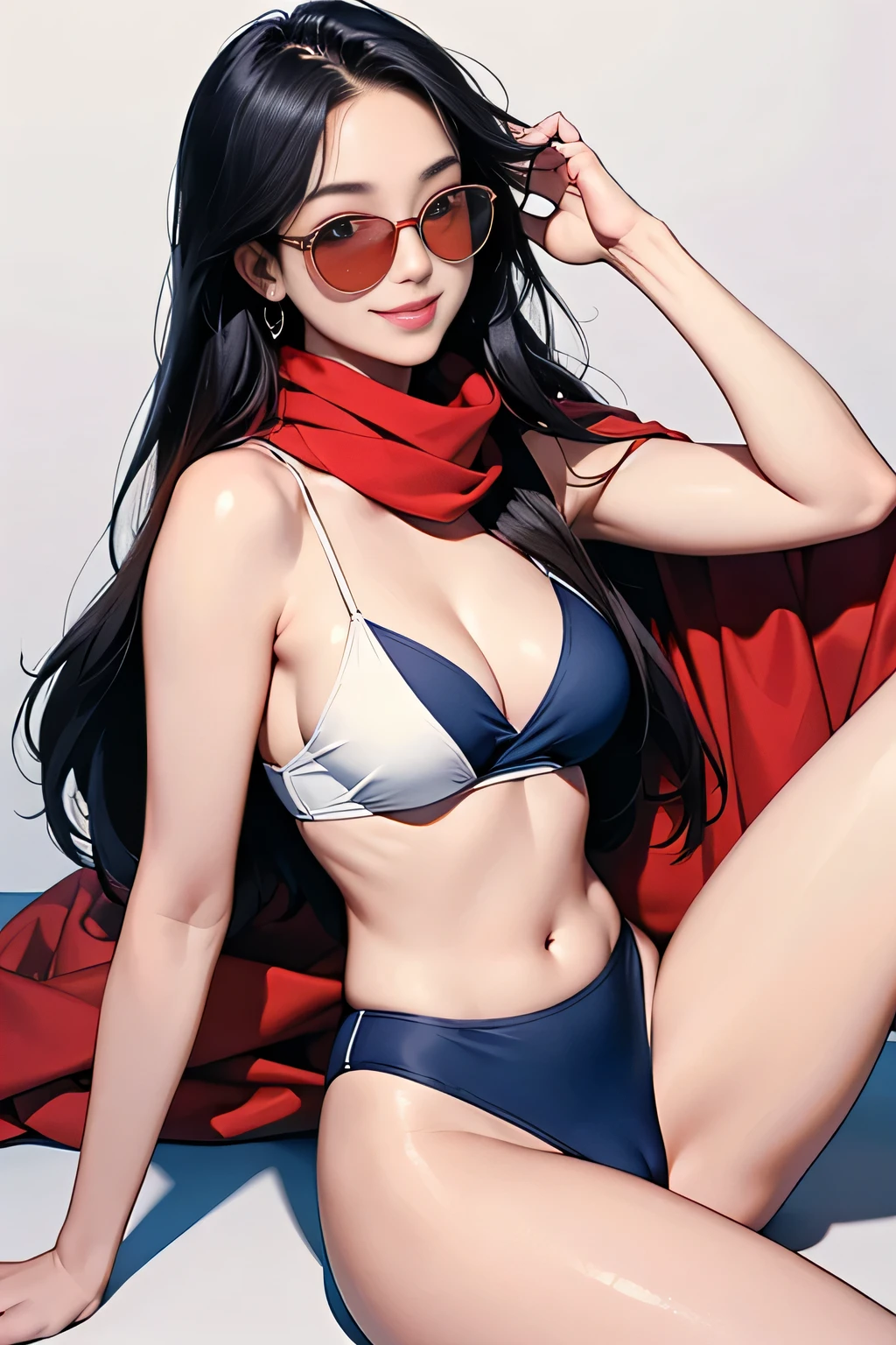 (masterpiece, best quality, 8k wallpaper, high resolution, ultra-realistic) One woman, Japanese girl, 18 years old, long hair, smiling, sunglasses, long red scarf around neck, (masterpiece: 1.2, best quality), (realistic, photorealistic: 1.4), (masterpiece, best quality), staring at you, navy blue school swimsuit, cleavage, D cup, sexy pose, dynamic angle, full body, best proportions, white skin, black hair, looking forward, smiling, 1970s sunglasses, background is bright, smiling