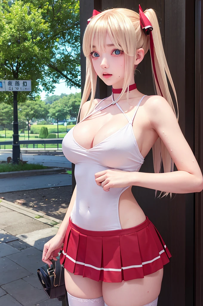 One girl,masterpiece,Highest quality,Blonde,stockings,Checked skirt),Short skirt,Are standing,In total length,Medium chest,Very detailed,[[Realistic]],Beautiful and attractive anime ,Enchanting anime girl,Swinging skirt,blue eyes, hair ornaments, Hair Ribbon,Show your forehead、Twin tails、Lace choker, short hair,,No bra,,Very detailed肌, Very detailed顔, (Beautiful Fine Eyes, the girl, Red cheeks) ,The girl has a toned figure.,  Intricate details,Closely、Embarrassed expression、blush、Shining Sweat、Perfect Skin,Sweat is noticeable in the cleavage、、Sweating on thighs is noticeable、 Fair skin,Tight waist, Sweating profusely、Sweaty hair、Sweaty clothes、Sweaty、Visible sweat、Sweat-soaked hair、Athlete System、cherry blossoms、Blonde、Silver Hair、