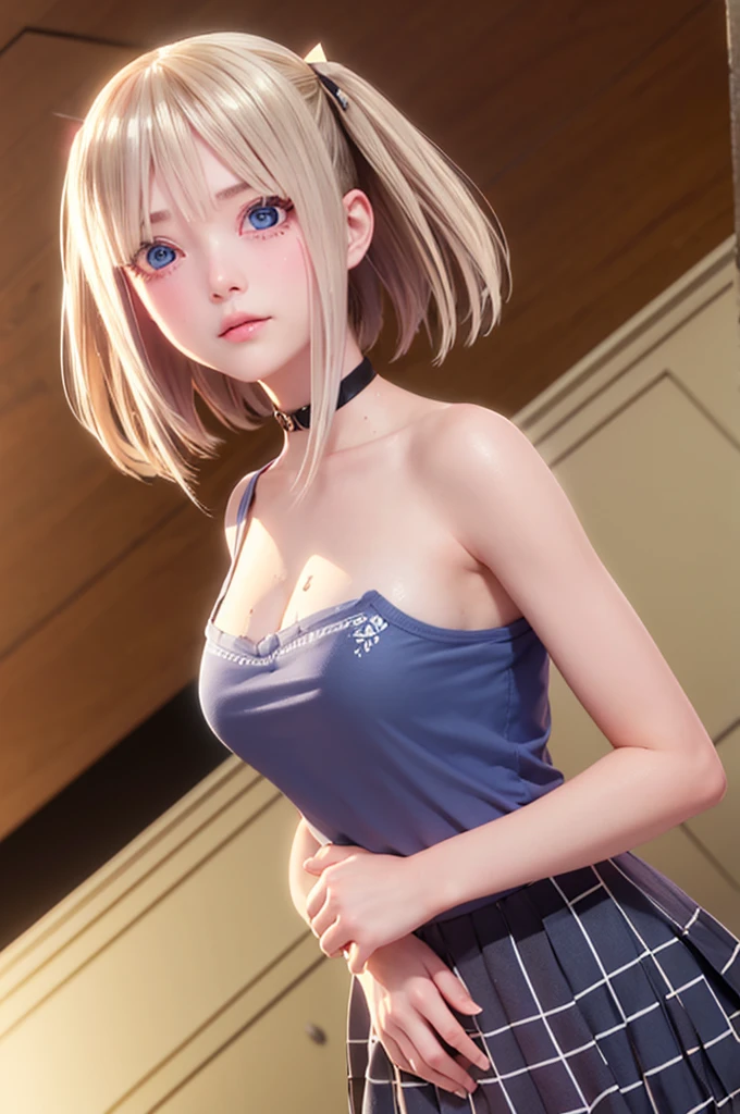 One girl,masterpiece,Highest quality,Blonde,stockings,Checked skirt),Short skirt,Are standing,In total length,Medium chest,Very detailed,[[Realistic]],Beautiful and attractive anime ,Enchanting anime girl,Swinging skirt,blue eyes, hair ornaments, Hair Ribbon,Show your forehead、Twin tails、Lace choker, short hair,,No bra,,Very detailed肌, Very detailed顔, (Beautiful Fine Eyes, the girl, Red cheeks) ,The girl has a toned figure.,  Intricate details,Closely、Embarrassed expression、blush、Shining Sweat、Perfect Skin,Sweat is noticeable in the cleavage、、Sweating on thighs is noticeable、 Fair skin,Tight waist, Sweating profusely、Sweaty hair、Sweaty clothes、Sweaty、Visible sweat、Sweat-soaked hair、Athlete System、cherry blossoms、Blonde、Silver Hair、