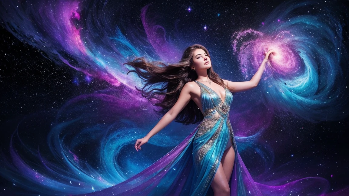 (((at night))), 1girl, solo, under starry sky, surrounded by spiral ethereal aurora, photo realistic huge-breast gorgeous busty slim woman, perfect face, wind-blowing black long hair, (((extreamly low-cut translucent:2.2 high-waist one-piece galaxy glowing short minidress exposing G-string panty))), smoky twirl dress, off shoulder, (((breast cleavage))), free dancing with the rythem of aurora lights, standing hip-up pose, (slow motion blur effects), (((half-body low angle above thigh medium shot))), dark background:1.8