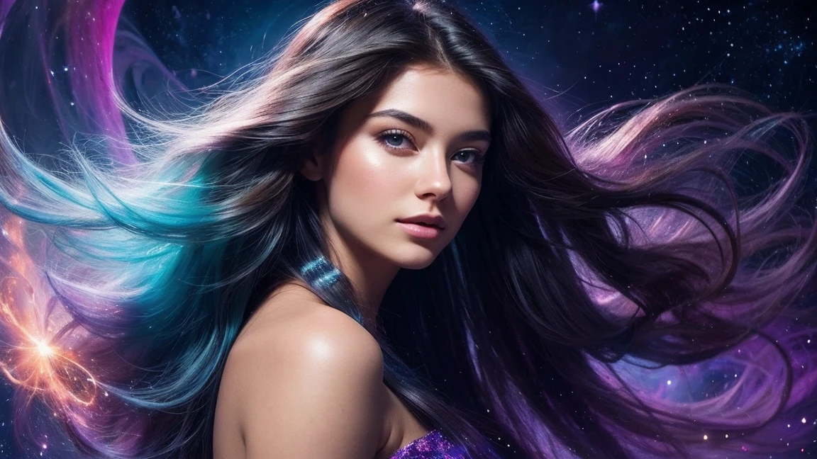 "Beautiful ethereal young woman with flowing hair, standing amidst a swirling cosmic nebula, magical sparks and stardust surrounding her, dreamy and enchanting atmosphere, high detail, photorealistic quality"