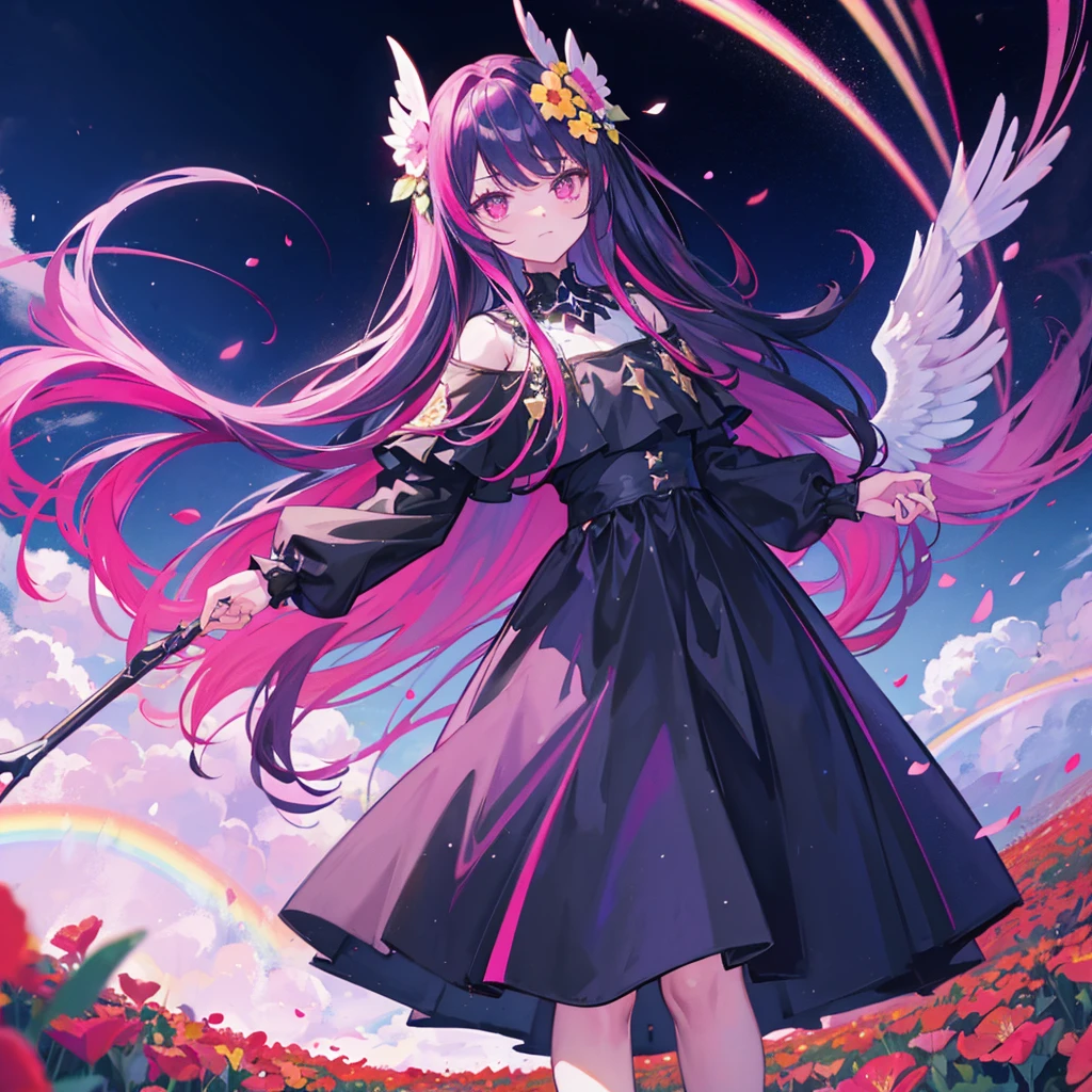 ((((Standing in a flower field))))　(((Long Hair　Pink Eyes　Rainbow Hair　Black Dress　Archangel)))　((Fantasy))　((night　Western style　Shining Aura　Face is close　Standing in a flower field))　Holding a crystal、Hold it up to the sky　Broken glass　Big ribbon　moon　star　Catch the wind　Shining Edges　smile　On the water　horizontal line　star座　Planetarium