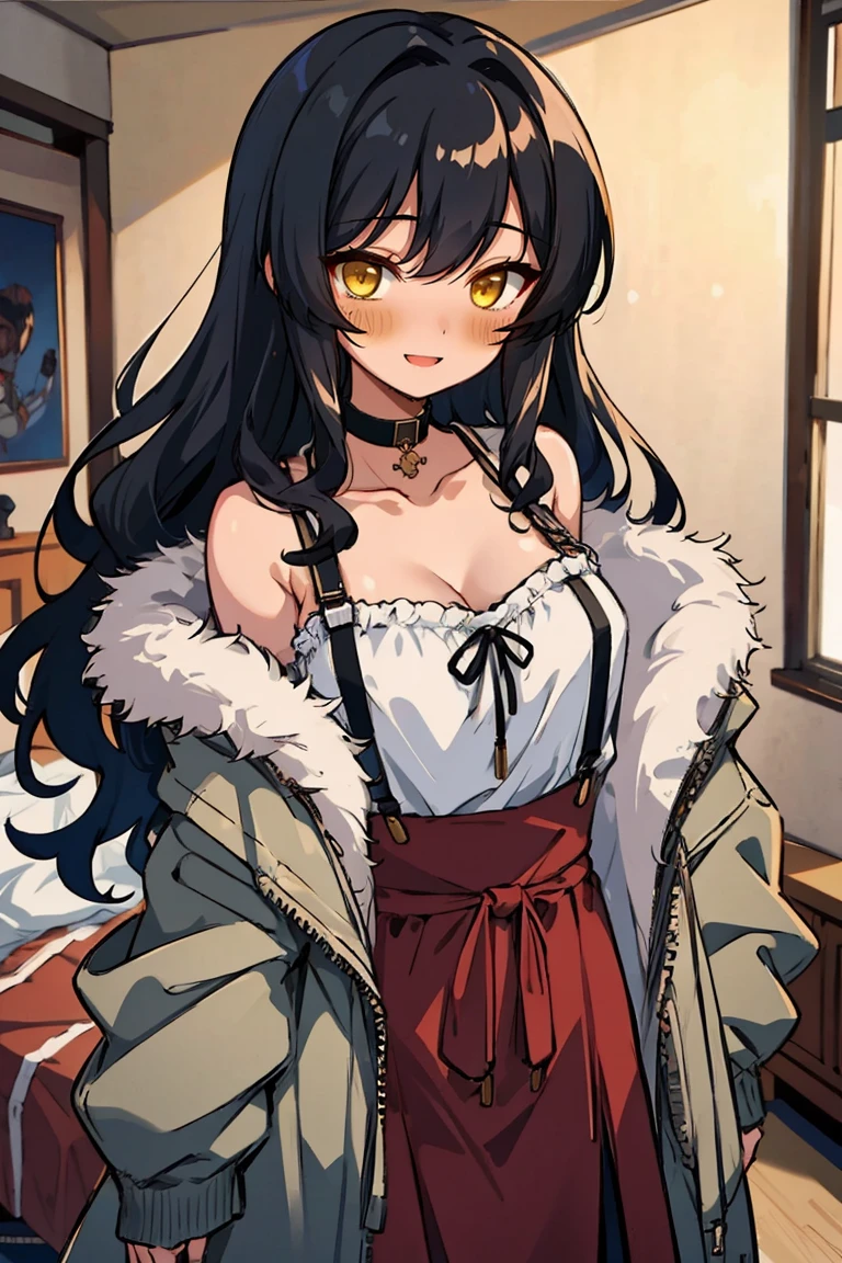 (masterpiece:1.2), (high quality:1.2), hui xiyi, rekkyo sensen, rekkyou sensen, (long wavy hair, one side up:1.45), solo focus, hand up, waving, girls with((black hair, bare shoulders, breasts,choker, cleavage,coat,collar,collarbone,cowboy shot, dress, frills, fur, fur collar, fur trim, hooded jacket, hoodie, jacket, large breasts, long sleeves, belt, suspenders, medium breasts, open clothes, open hoodie, sleeveless, solo, winter clothes, zipper, upper body)), background with ((bedroom, room:2.0))