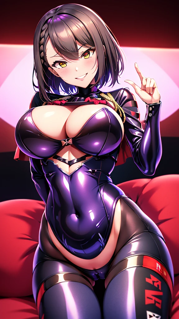 Erotic　Azur Lane　Baltimore　Tall busty brunette short hair adult married woman shiny purple rubber suit female executive in bodysuit red black background heart bedroom dark theme evil temptation excited condescending smile sexy pose upper body emphasis