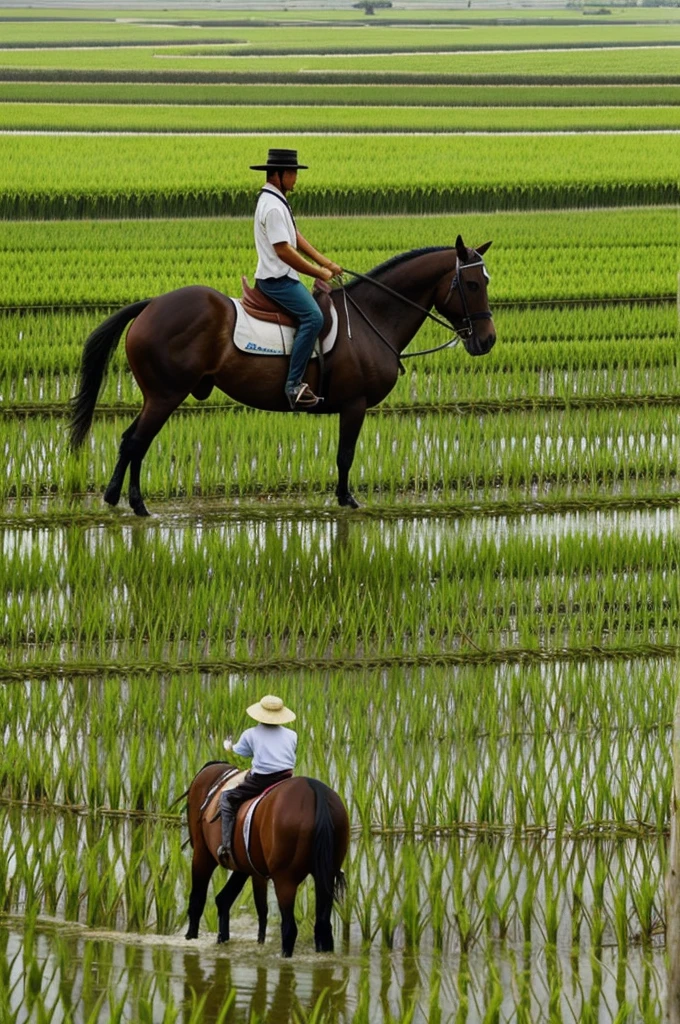 generate an image for me that has rice crops in the background and on the right side a horse with a person on top