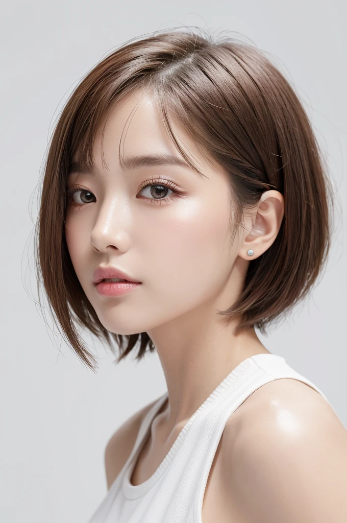 (Highest quality、Tabletop、8K、Best image quality、Award-winning works)、((profile:1.4))、ear、((short hair:1.46)),(Brown Hair)、(White casual clothes:1.2)、(The simplest pure white background:1.3)、(Perfectly fixed in front:1.1),(Portrait with Space:1.2)、Beautiful and exquisite、Perfect Makeup、Ultra-high definition beauty face、Ultra HD Hair、Ultra HD Shining Eyes、Super high quality glossy lip、Accurate anatomy、Very beautiful skin、(Pure white skin shining in ultra-high resolution:1.1)、(Very bright:1.2),Big Natural Color Lip、Lip gloss,Harajuku、cute、cute美人