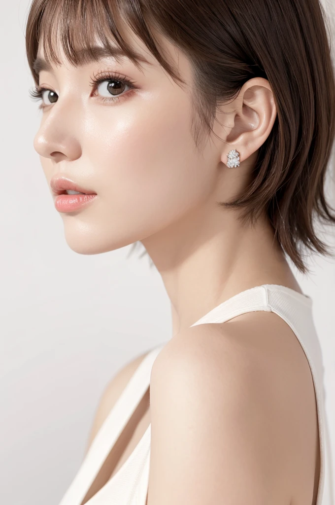 (Highest quality、Tabletop、8K、Best image quality、Award-winning works)、((profile:1.4))、ear、((short hair:1.46)),(Brown Hair)、(White casual clothes:1.2)、(The simplest pure white background:1.3)、(Perfectly fixed in front:1.1),(Portrait with Space:1.2)、Beautiful and exquisite、Perfect Makeup、Ultra-high definition beauty face、Ultra HD Hair、Ultra HD Shining Eyes、Super high quality glossy lip、Accurate anatomy、Very beautiful skin、(Pure white skin shining in ultra-high resolution:1.1)、(Very bright:1.2),Big Natural Color Lip、Lip gloss,Harajuku、cute、cute美人