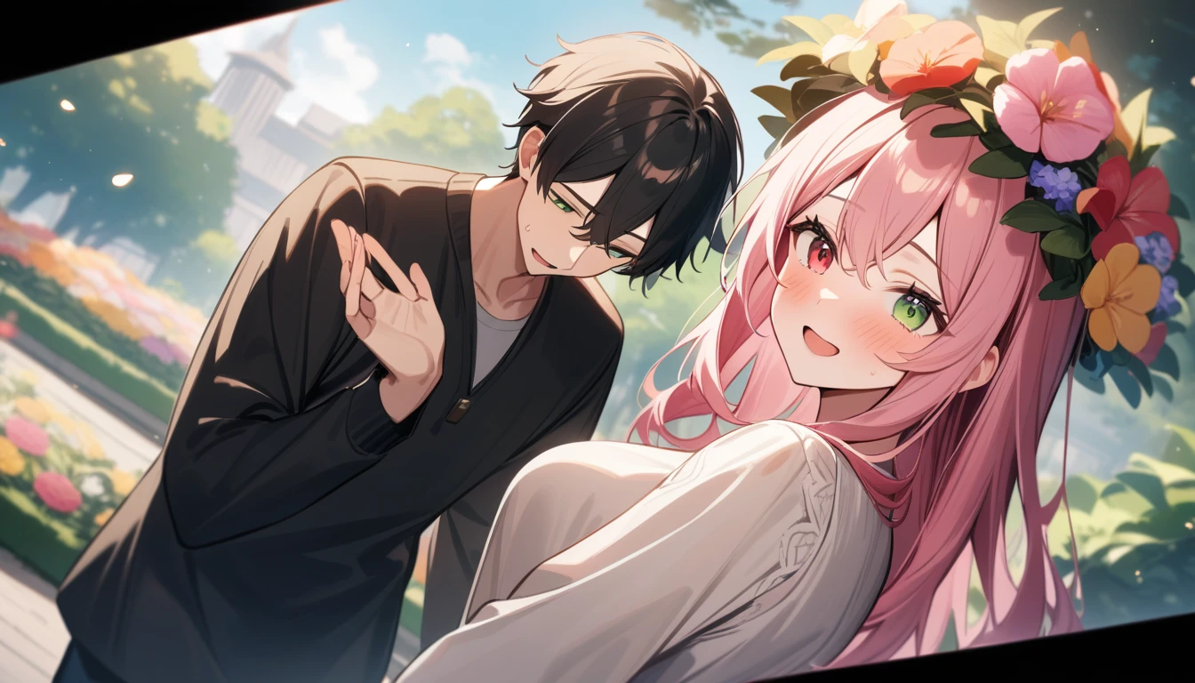 (couple), girl and boy, 1girl, (girl with red eyes, vibrant pink long hair, flower hat), 1boy, (boy with green eyes, short black curly hair), intimate, rich in detail, happy expression, love, long shot, flower garden, wide angle, (masterpiece, best quality, aesthetic, heavenly)