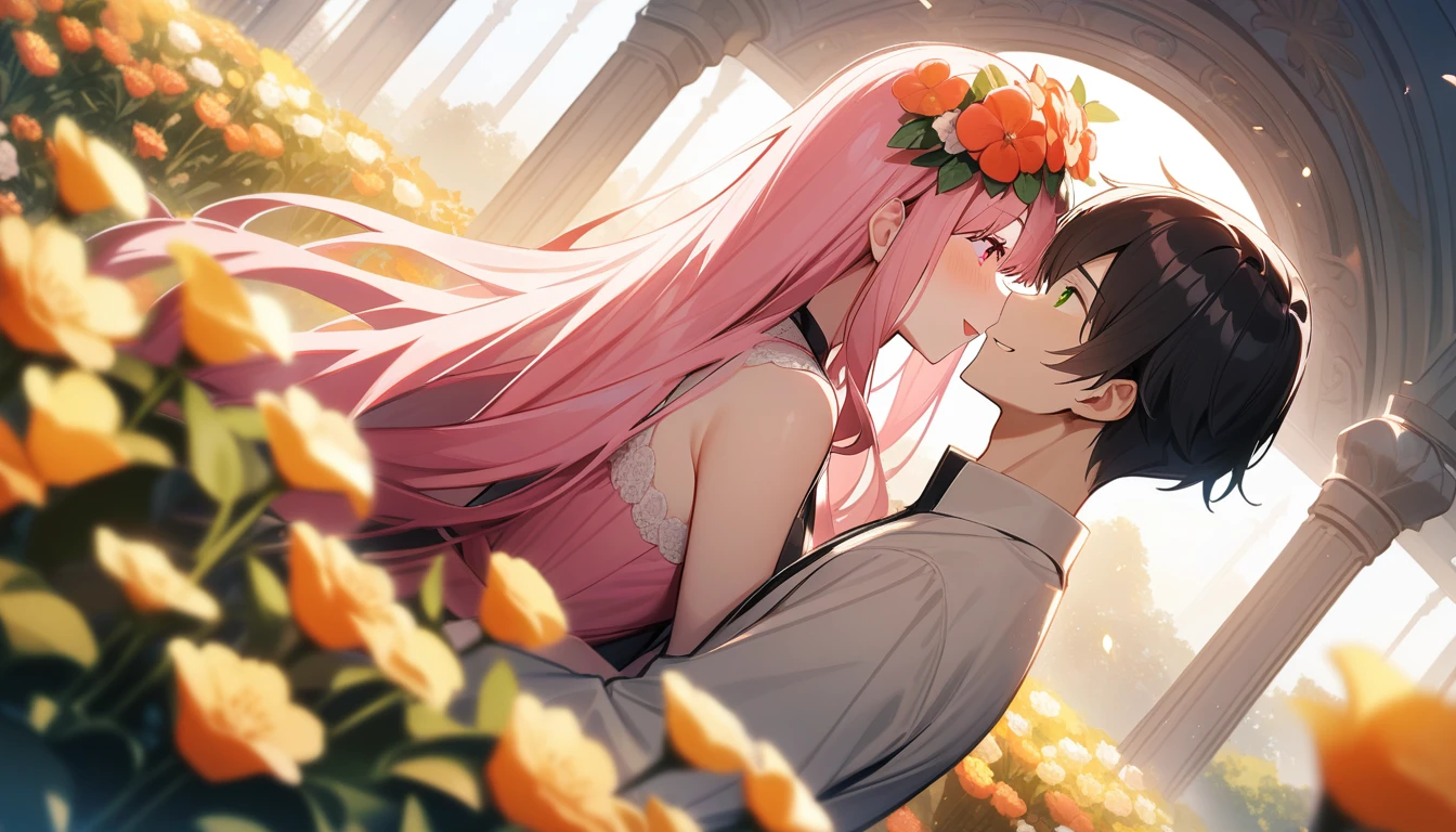 (couple), girl and boy, 1girl, (girl with red eyes, vibrant pink long hair, flower hat), 1boy, (boy with green eyes, short black curly hair), intimate, rich in detail, happy expression, love, long shot, flower garden, wide angle, (masterpiece, best quality, aesthetic, heavenly)
